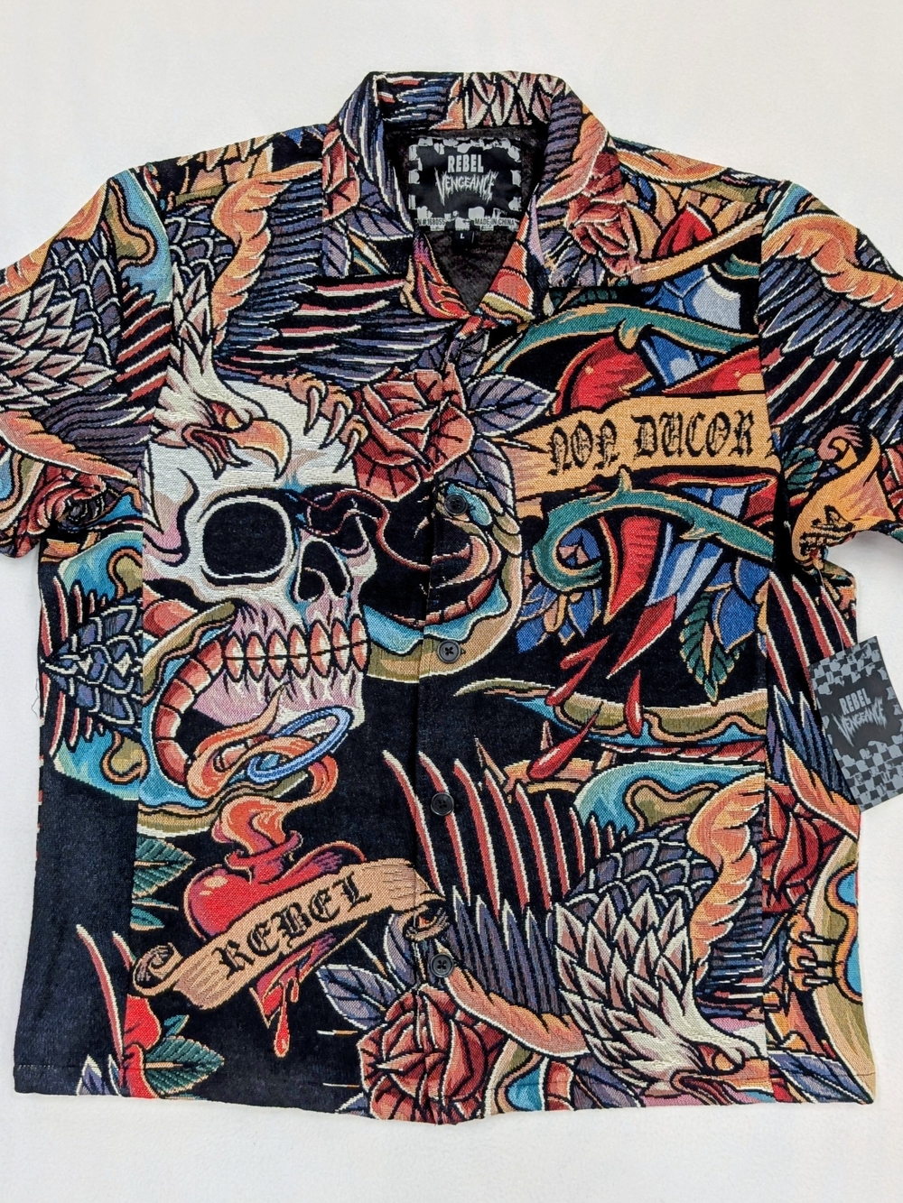 Rebel Vengeance Tapestry Shirt Skull Rose Eagle Tattoo Print NWT L